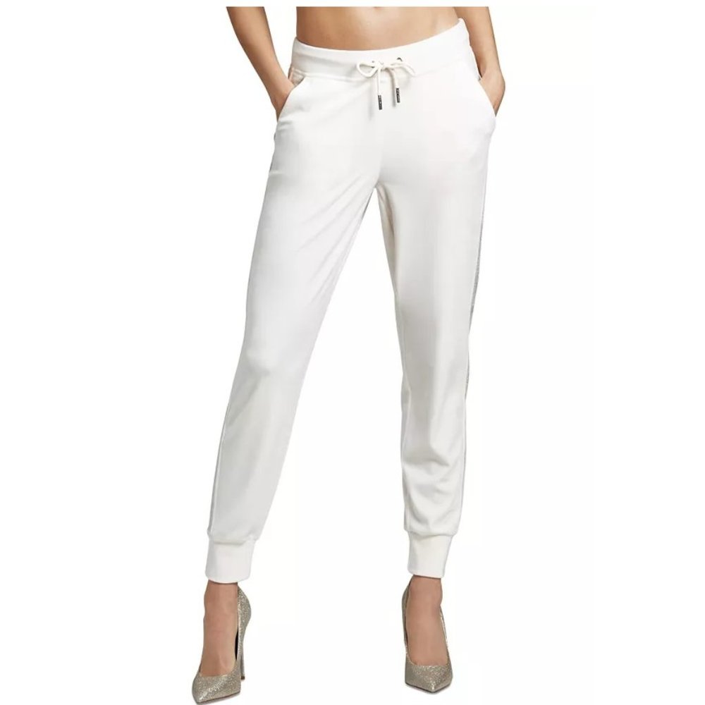 Juicy Couture Embellished Bling Trim Mid-Rise Velour Joggers - Pebble - Size S